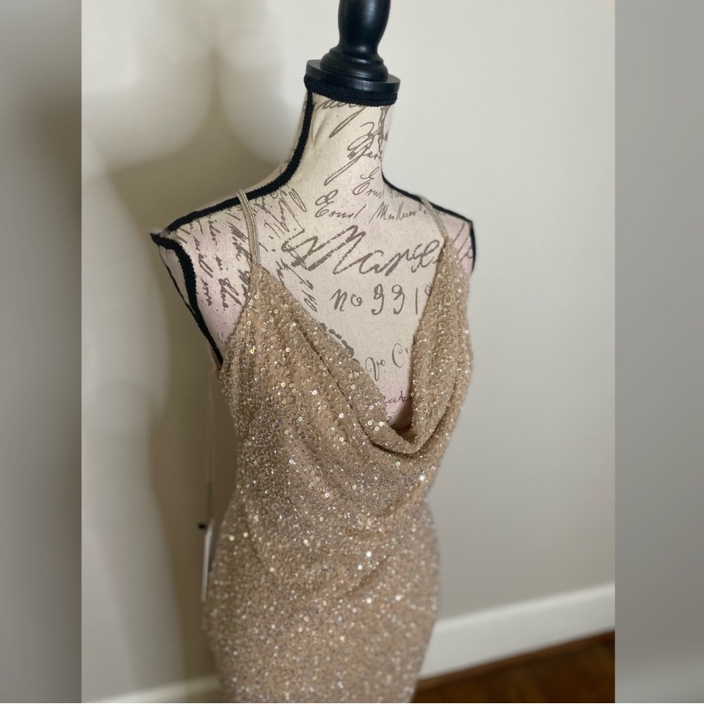 Size 6 Champagne beaded sleek evening gown, formal dress, wedding guest dress